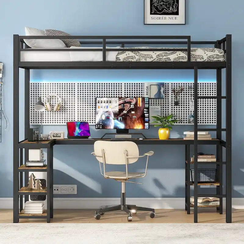 Metal Loft Bed with Desk & Shelves