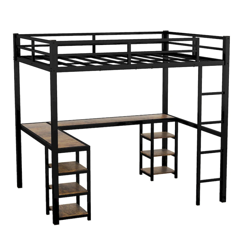 Metal Loft Bed with Desk & Shelves