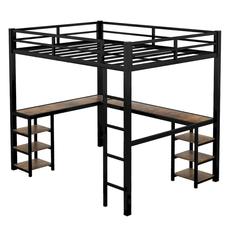 Metal Loft Bed with Desk & Shelves
