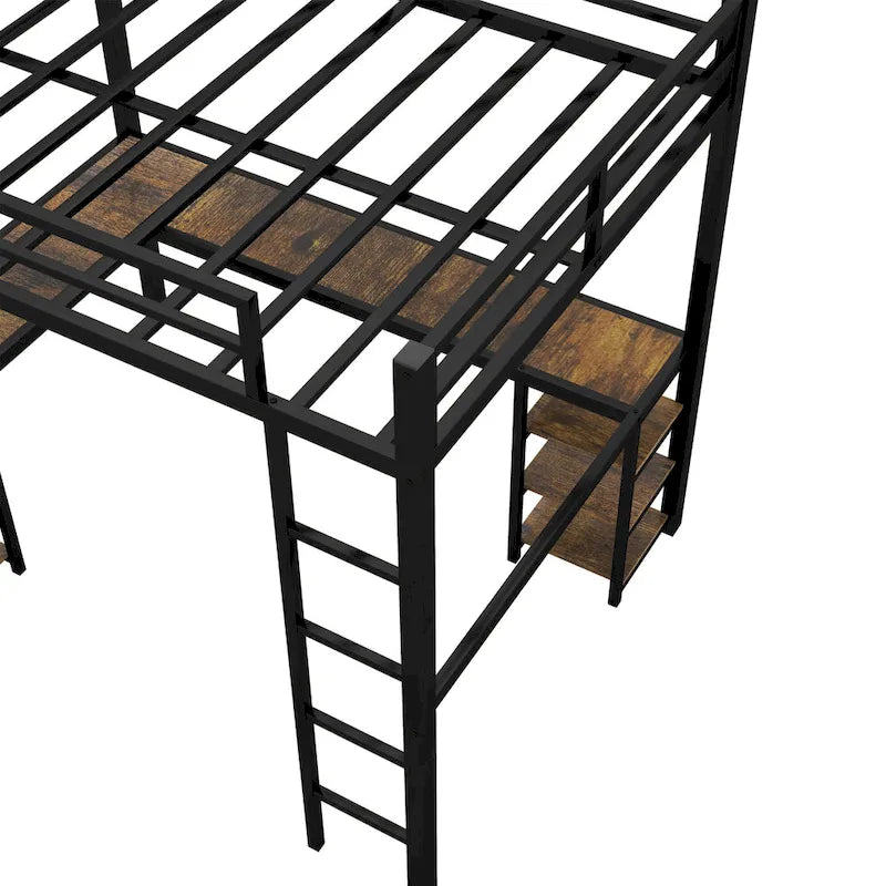 Metal Loft Bed with Desk & Shelves