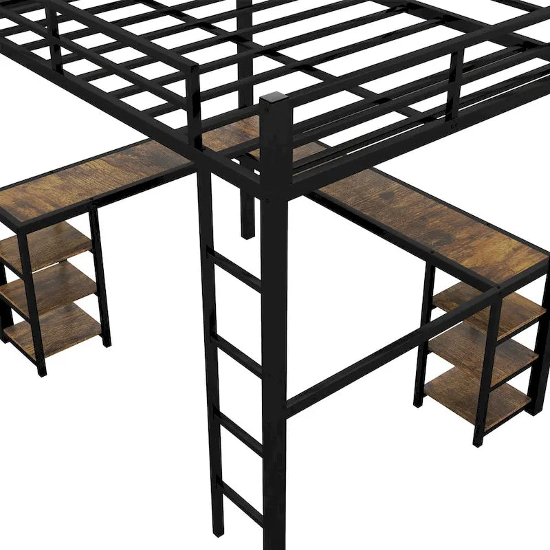 Metal Loft Bed with Desk & Shelves