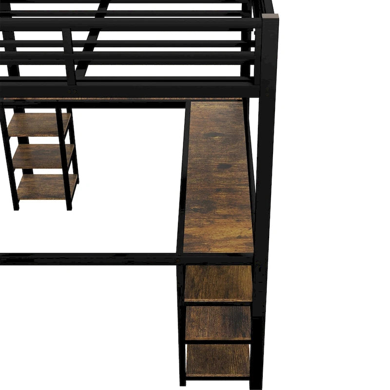 Metal Loft Bed with Desk & Shelves