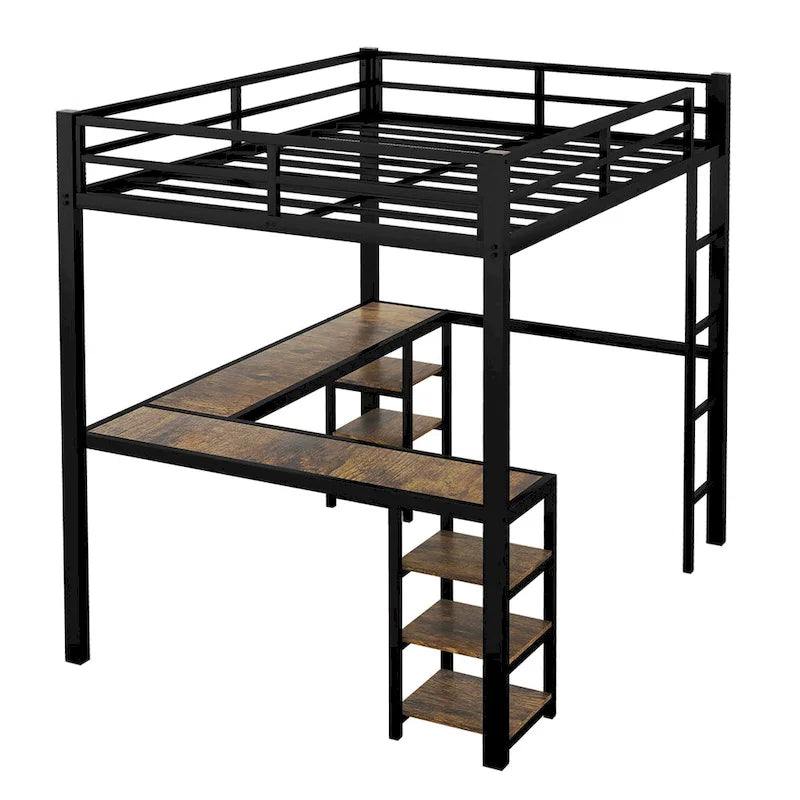 Metal Loft Bed with Desk & Shelves