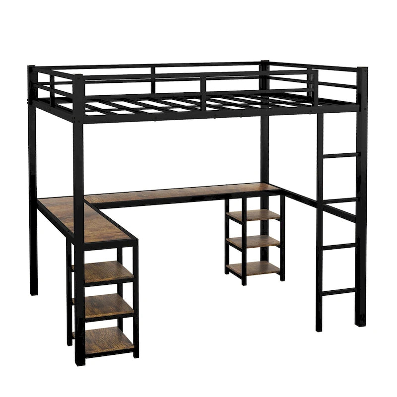 Metal Loft Bed with Desk & Shelves