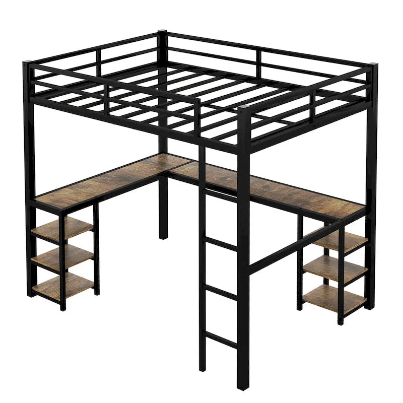 Metal Loft Bed with Desk & Shelves