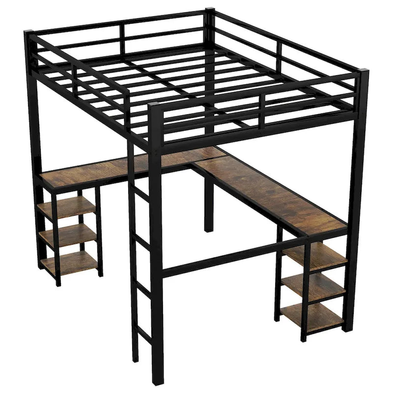 Metal Loft Bed with Desk & Shelves