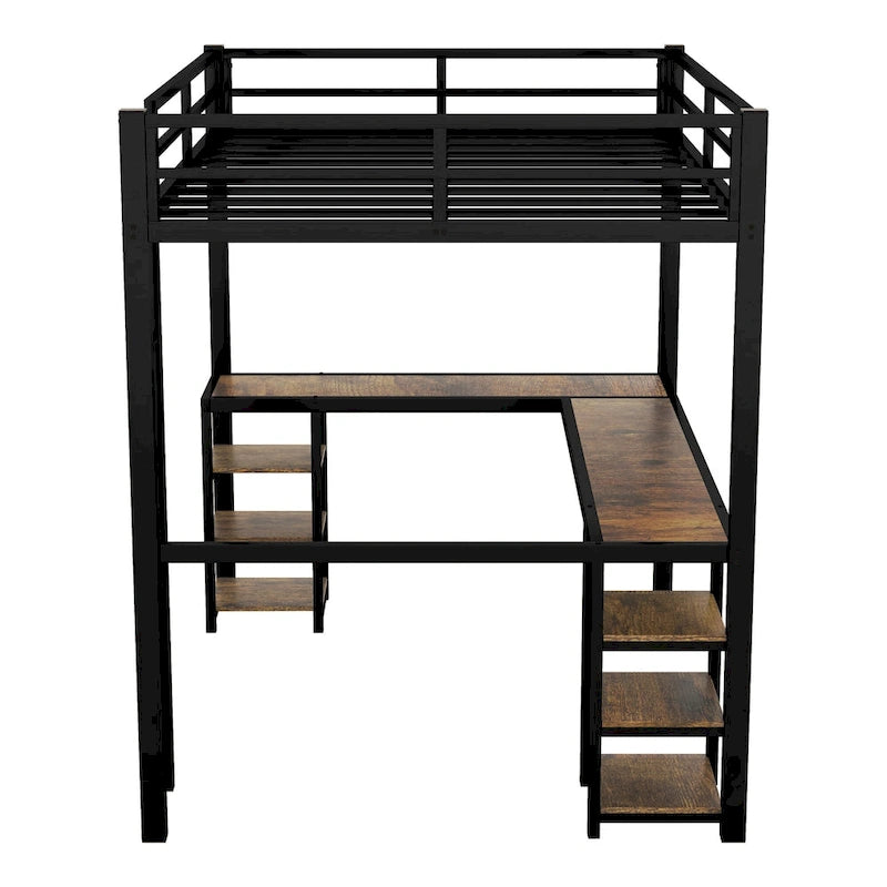 Metal Loft Bed with Desk & Shelves
