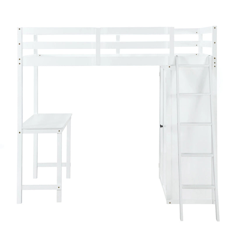 Solid Pine Loft Bed with Wardrobe, Desk, Shelves, and Guardrail