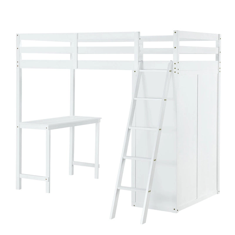 Solid Pine Loft Bed with Wardrobe, Desk, Shelves, and Guardrail