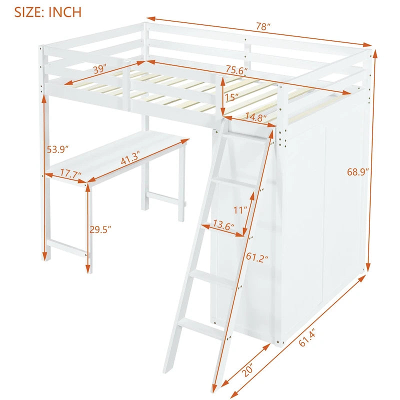 Solid Pine Loft Bed with Wardrobe, Desk, Shelves, and Guardrail