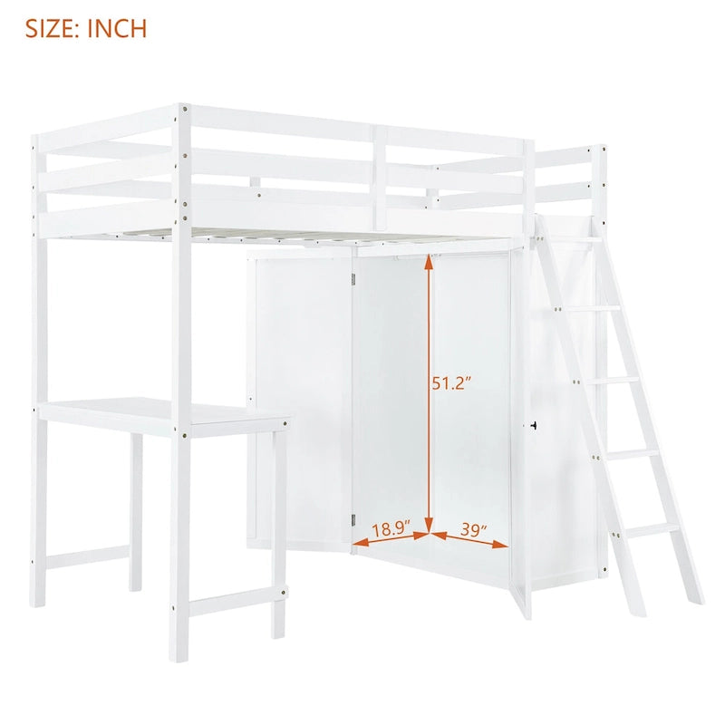 Solid Pine Loft Bed with Wardrobe, Desk, Shelves, and Guardrail