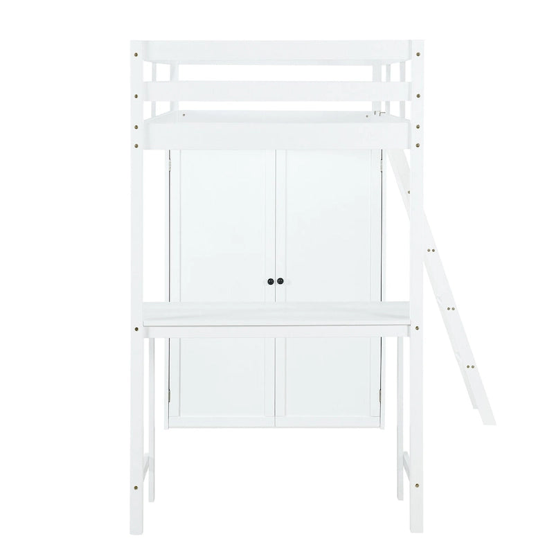 Solid Pine Loft Bed with Wardrobe, Desk, Shelves, and Guardrail