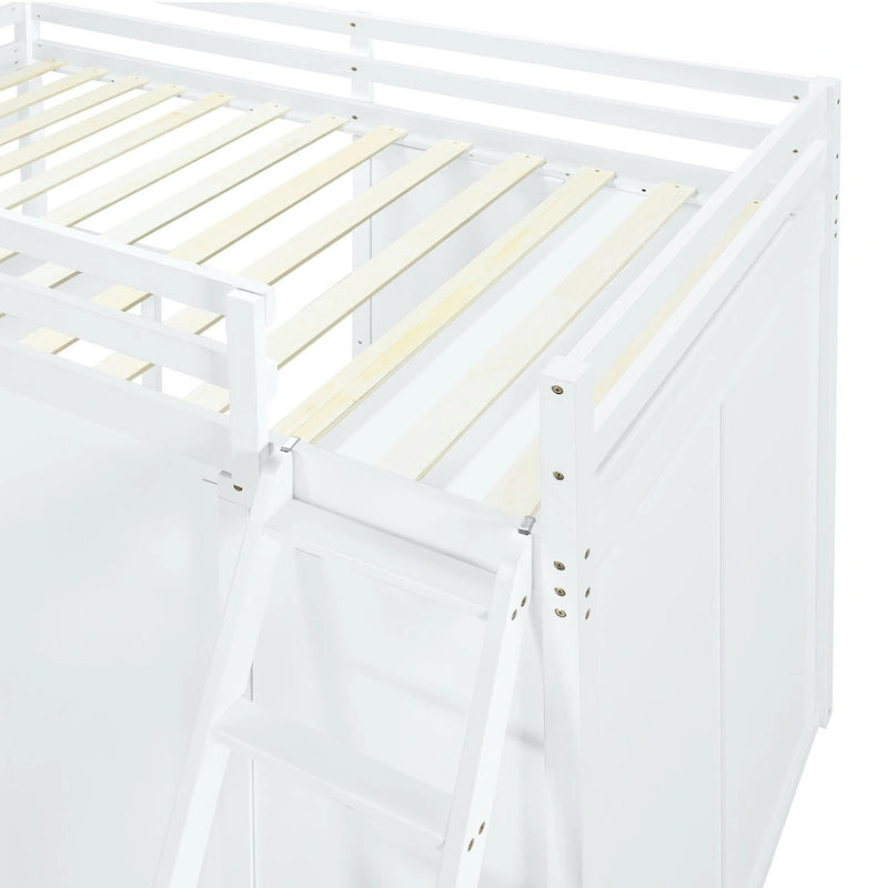 Solid Pine Loft Bed with Wardrobe, Desk, Shelves, and Guardrail