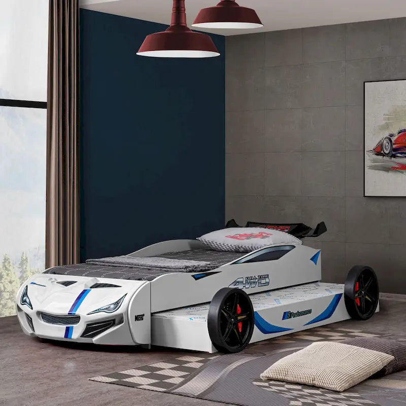 Lit double moderne en forme de voiture de course avec lit gigogne