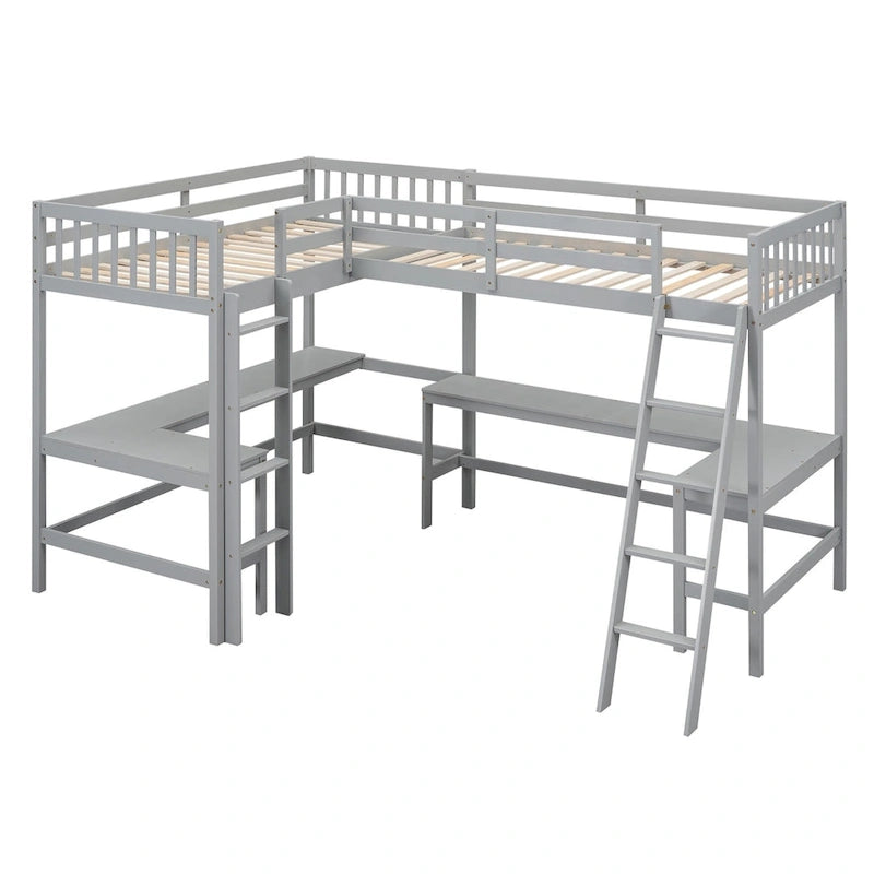 Lit mezzanine en bois en forme de L, double, avec échelle et 2 bureaux intégrés en forme de L