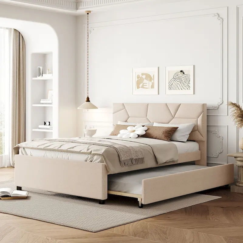 Upholstered Platform Bed with Brick Pattern Headboard and Twin Size Trundle