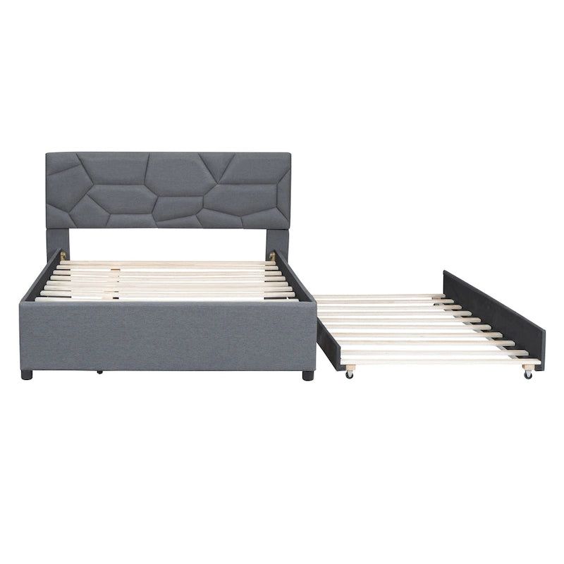 Upholstered Platform Bed with Brick Pattern Headboard and Twin Size Trundle