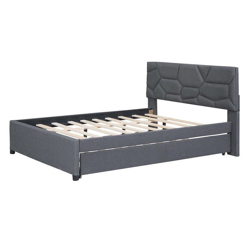 Upholstered Platform Bed with Brick Pattern Headboard and Twin Size Trundle