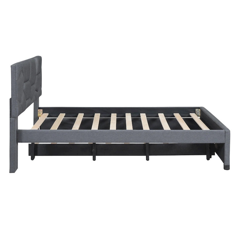 Upholstered Platform Bed with Brick Pattern Headboard and Twin Size Trundle