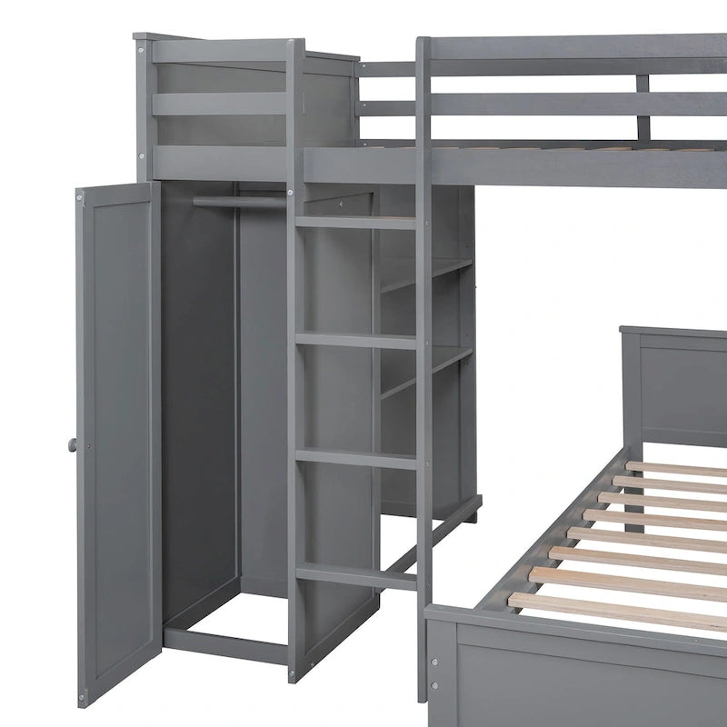 Lit mezzanine avec lit indépendant, étagères, bureau et armoire