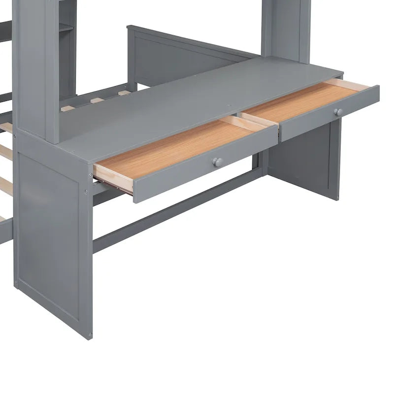 Lit mezzanine avec lit indépendant, étagères, bureau et armoire