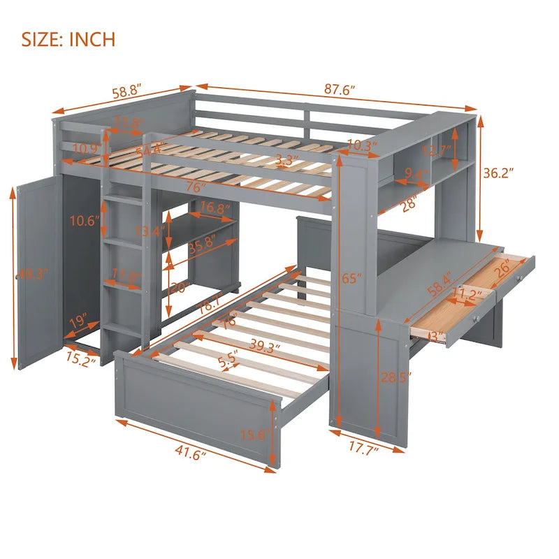 Lit mezzanine avec lit indépendant, étagères, bureau et armoire