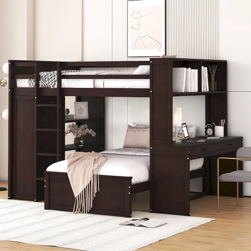 Lit mezzanine avec lit indépendant, étagères, bureau et armoire