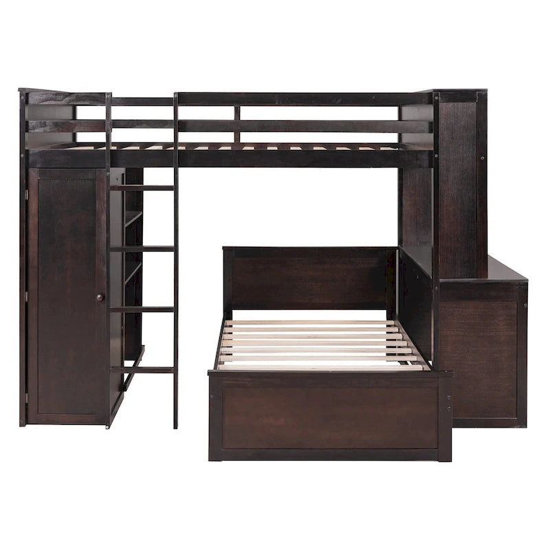 Lit mezzanine avec lit indépendant, étagères, bureau et armoire