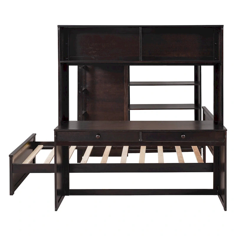 Lit mezzanine avec lit indépendant, étagères, bureau et armoire