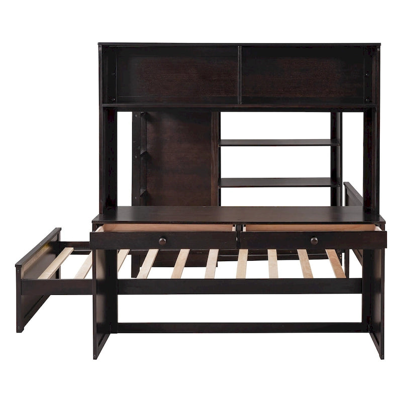 Lit mezzanine avec lit indépendant, étagères, bureau et armoire