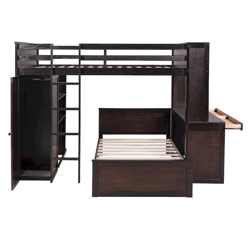 Lit mezzanine avec lit indépendant, étagères, bureau et armoire