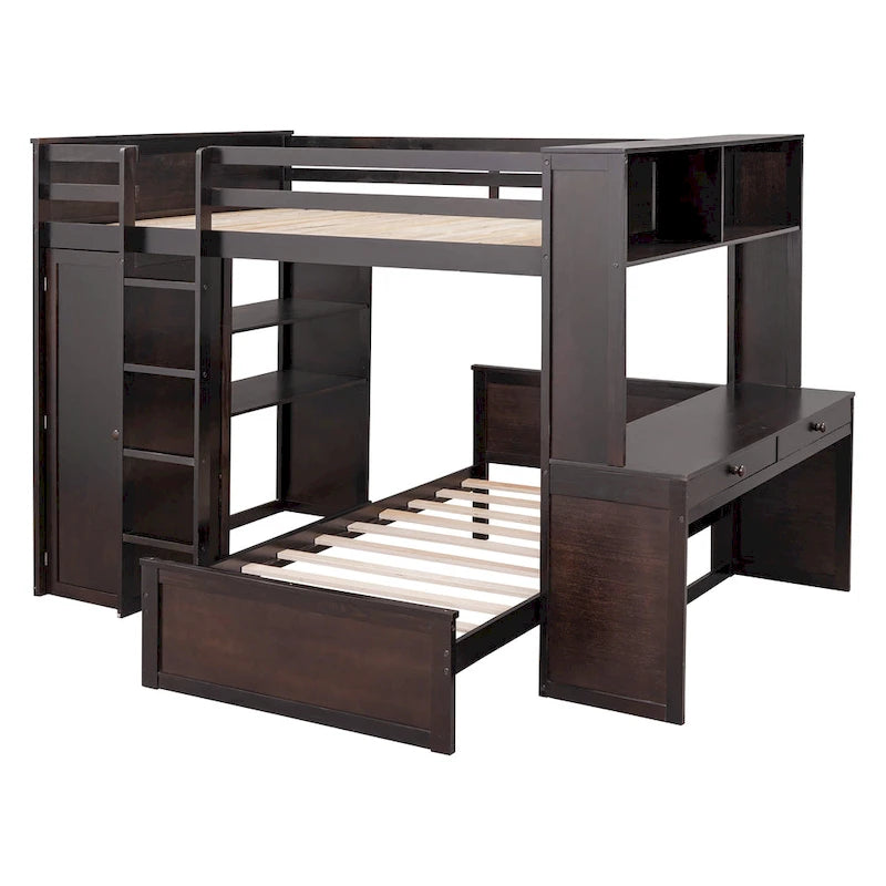 Lit mezzanine avec lit indépendant, étagères, bureau et armoire