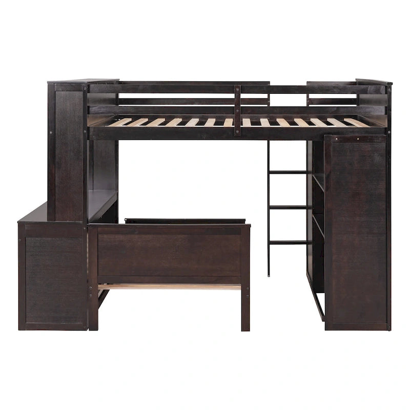 Lit mezzanine avec lit indépendant, étagères, bureau et armoire