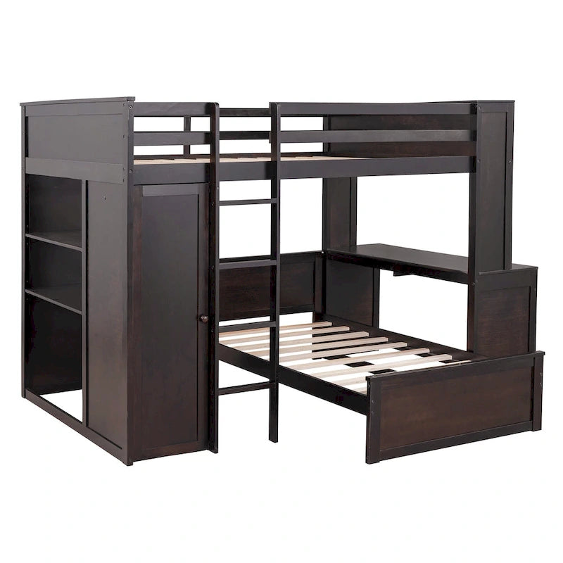 Lit mezzanine avec lit indépendant, étagères, bureau et armoire