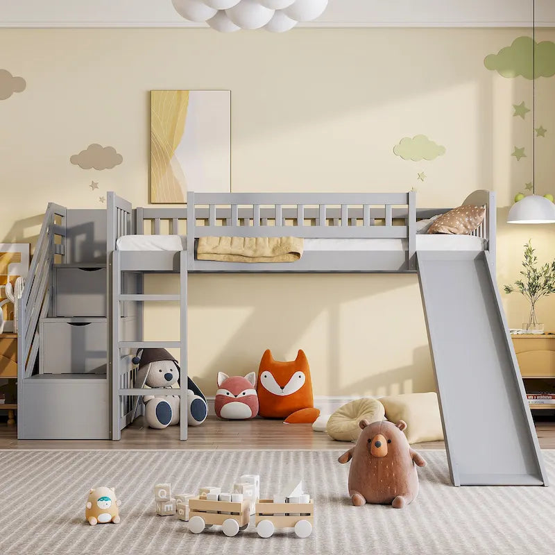 Stairway Twin Size Loft Bed with Slide and Two Drawers
