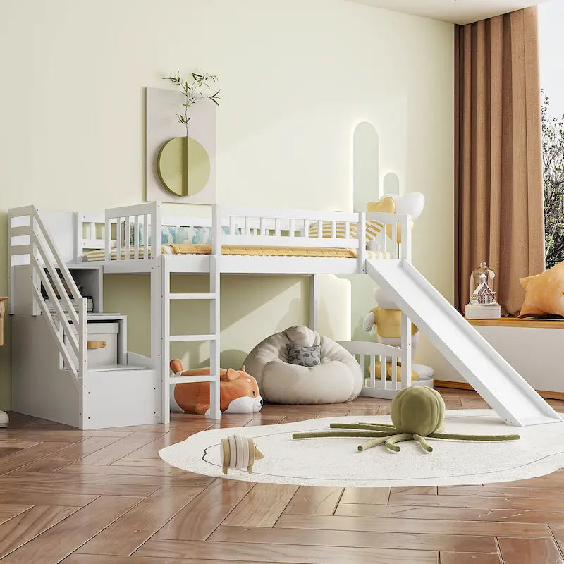 Stairway Twin Size Loft Bed with Slide and Two Drawers