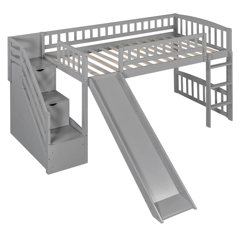 Stairway Twin Size Loft Bed with Slide and Two Drawers