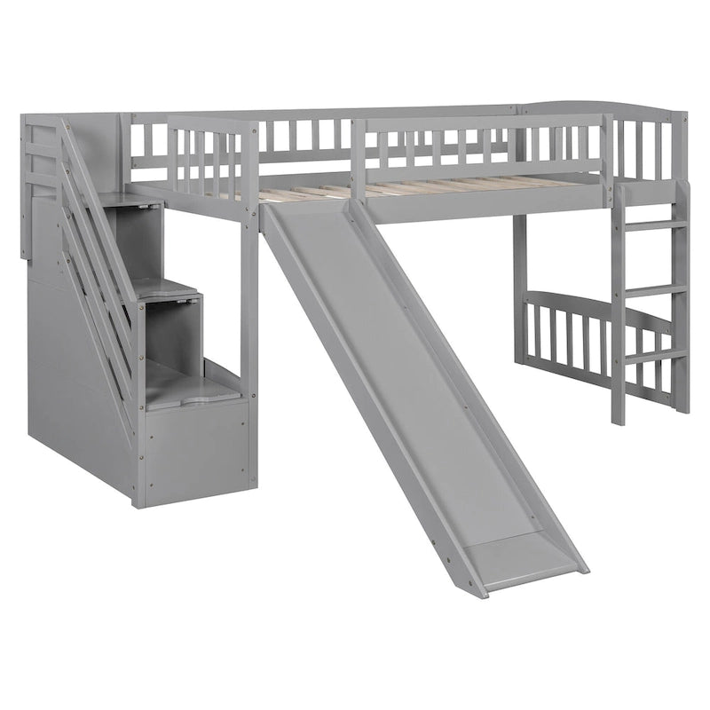 Stairway Twin Size Loft Bed with Slide and Two Drawers