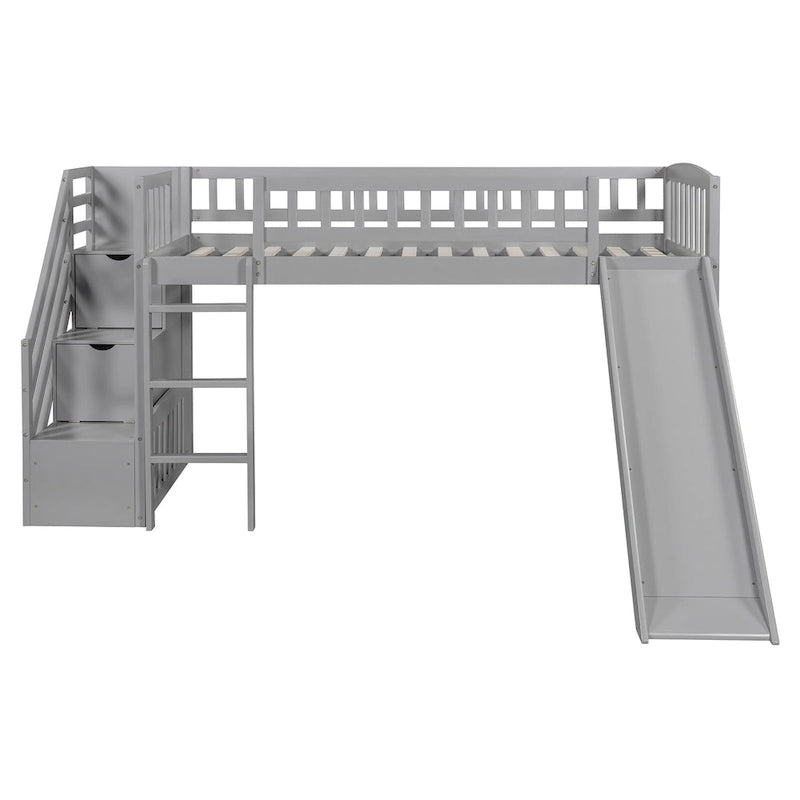 Stairway Twin Size Loft Bed with Slide and Two Drawers