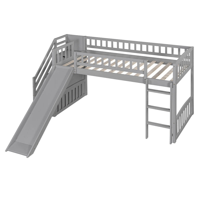 Stairway Twin Size Loft Bed with Slide and Two Drawers