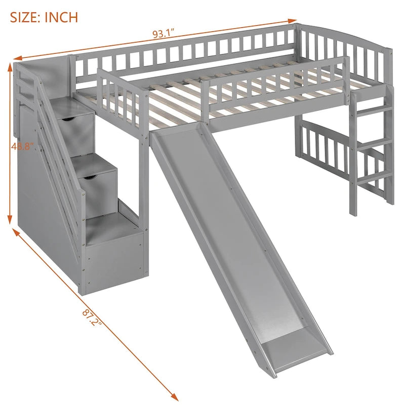 Stairway Twin Size Loft Bed with Slide and Two Drawers