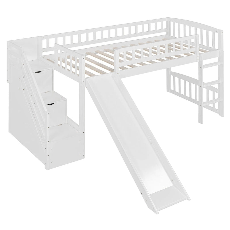 Stairway Twin Size Loft Bed with Slide and Two Drawers