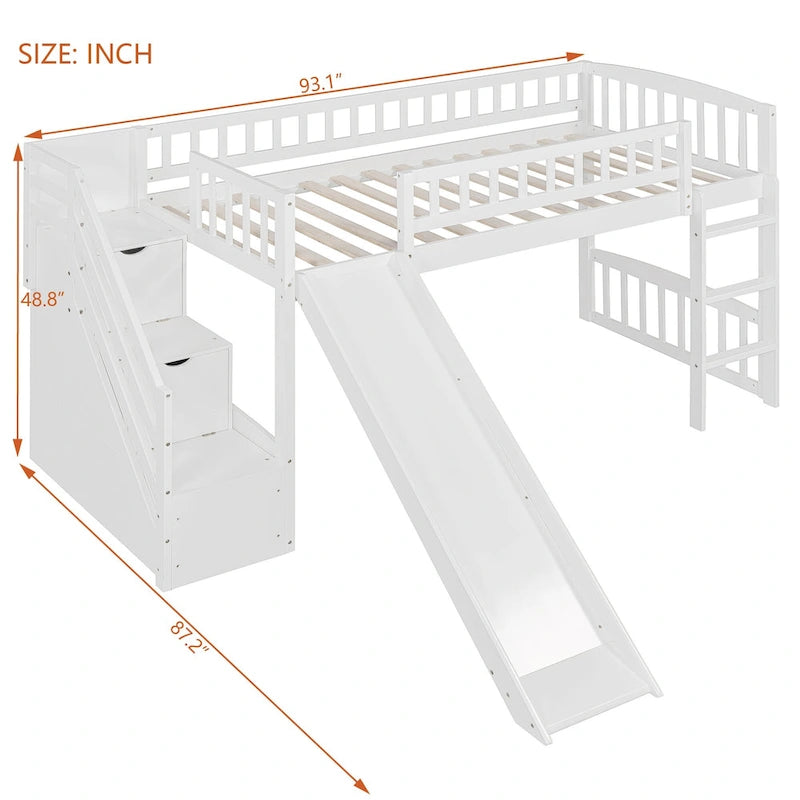 Stairway Twin Size Loft Bed with Slide and Two Drawers
