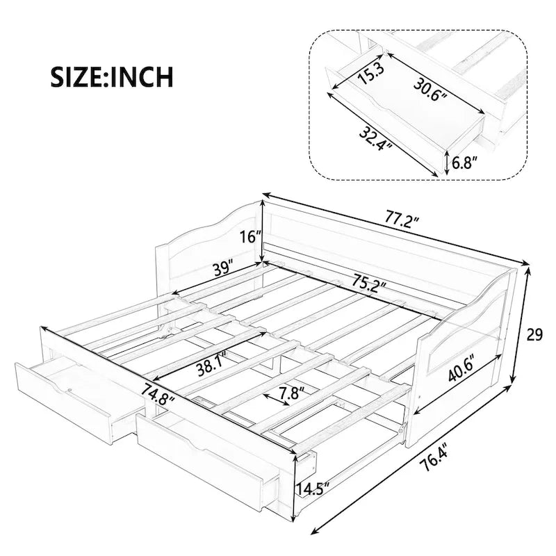 Daybed with Trundle Bed and Storage Drawers
