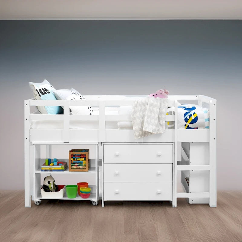 Twin Size Loft Bed with Pull-Out Desk, Storage, Ladder, Guard Rails & Bookcase Shelf - Wooden Kids Loft Bed
