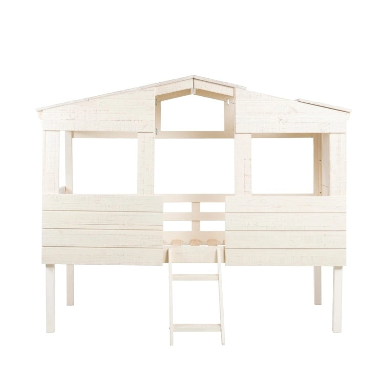 Twin Size Loft Bed with Pull-Out Desk, Storage, Ladder, Guard Rails & Bookcase Shelf - Wooden Kids Loft Bed
