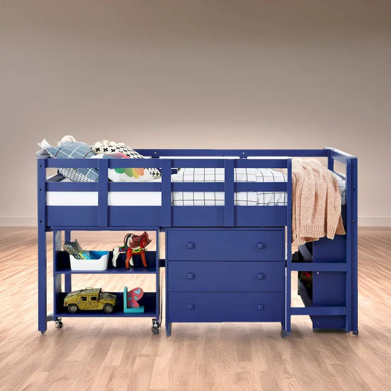 Twin Size Loft Bed with Pull-Out Desk, Storage, Ladder, Guard Rails & Bookcase Shelf - Wooden Kids Loft Bed