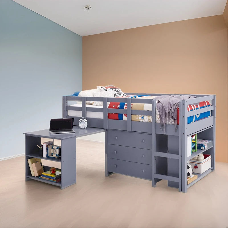 Twin Size Loft Bed with Pull-Out Desk, Storage, Ladder, Guard Rails & Bookcase Shelf - Wooden Kids Loft Bed