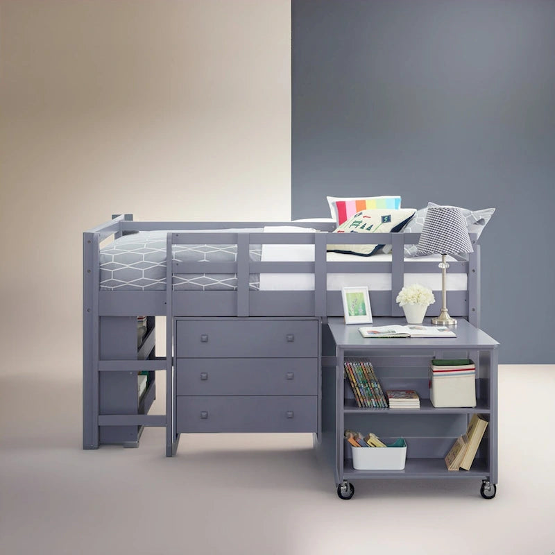 Twin Size Loft Bed with Pull-Out Desk, Storage, Ladder, Guard Rails & Bookcase Shelf - Wooden Kids Loft Bed