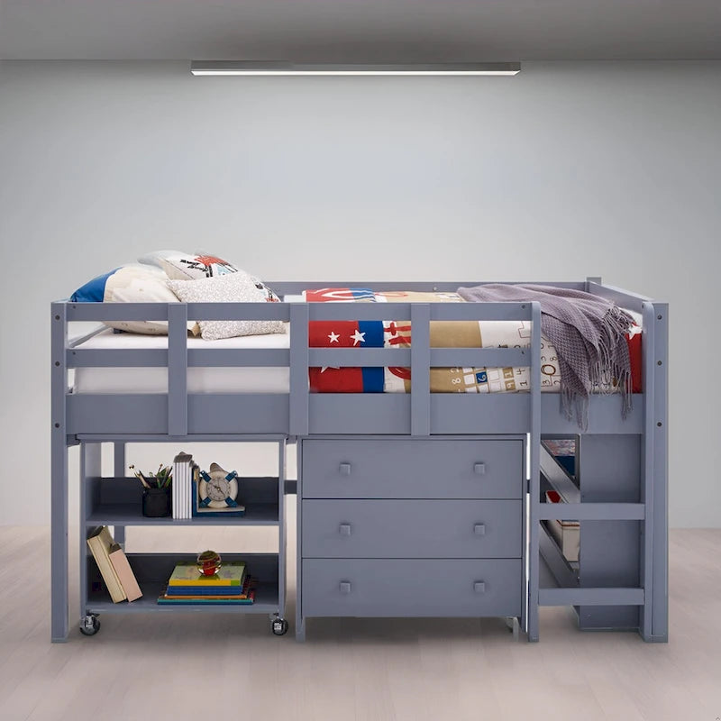 Twin Size Loft Bed with Pull-Out Desk, Storage, Ladder, Guard Rails & Bookcase Shelf - Wooden Kids Loft Bed